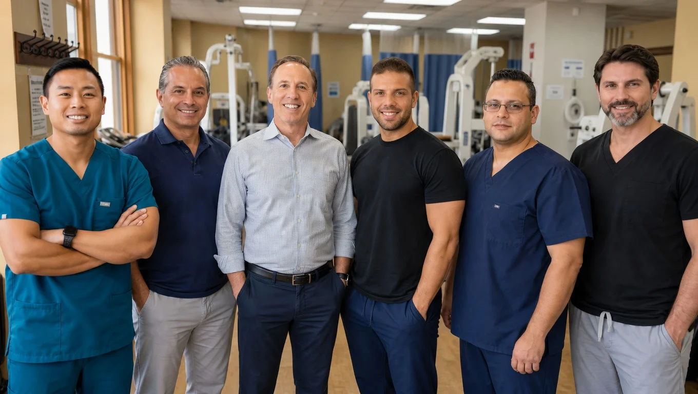 Los doctores de Zeren Health juntos en el área de entrenamiento de fisioterapia del consultorio de Grand Concourse, Bronx, NY